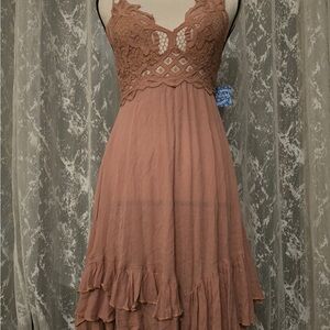 Free People Lace Trim Mini Dress in Brown